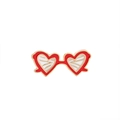 Detail of a heart-shaped glasses enamel pin with red frames and gold plated edges - Red Heart Glasses