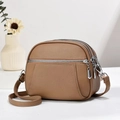 Brown lychee leather crossbody bag with three zipper compartments and adjustable strap - Khaki