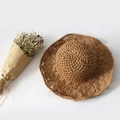Handgefertigter Strohhut mit durchbrochener Blumenkrempe in Naturbraun für den Strand - Kind (53-55CM) / Khaki