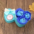 Blue heart-shaped metal gift box with three artificial soap roses and a white bow - 3 Small Heart Flowers (Blue)