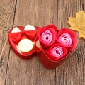 Red heart-shaped soap flower gift box with 3 roses and a sweet love ribbon - 3 Small Heart Flowers (Red)