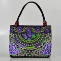 Ethnic canvas handbag with purple flower embroidery and vintage wooden bead handle - Small Purple Peony