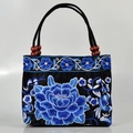 Ethnic style black canvas handbag with blue floral embroidery and wooden beads handle - Blue and White Porcelain
