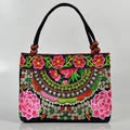 Ethnic style black canvas handbag featuring floral embroidery and wooden beads detail - Small Red Peony
