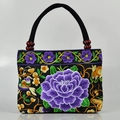 Ethnic black canvas handbag with purple peony embroidery and wooden bead handle decoration - Large Purple Peony