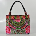 Ethnic style black canvas tote bag with multi-color floral embroidery and wooden beads - Apple Blossom Red