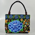 Ethnic black canvas handbag with blue floral embroidery and red wood beads - Large Blue Peony