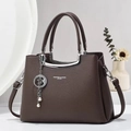 Classic dark brown pebble leather tote bag with silver U-shaped handles and strap - Coffee