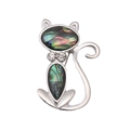 Silver cat brooch pin inlaid with natural abalone shell and white rhinestones on white background - Cat
