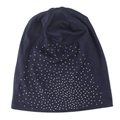 Detailed view of silver rhinestones on a navy blue knitted winter beanie for outdoor warmth - Navy Blue
