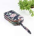 Three-layer canvas wristlet purse with floral pattern and colorful zippers for women - Dark Blue Peony