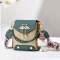 Elegant monogram crossbody bag with pearl swan charm and wide fashion shoulder strap - Green