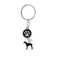 Detail of silver metal keychain featuring a dog paw, bone charm and Great Dane silhouette - Great Dane