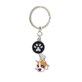 Detail view of pet theme metal keychain featuring enamel paw print and cartoon dog pendant - Boxer