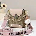 Brown monogram crossbody bag with light pink flap and wide floral strap with charm - Khaki