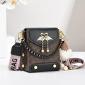 Deep brown floral crossbody bag with black leather flap and golden swan metal buckle - Black