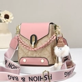 Pink and khaki patchwork canvas crossbody bag with gold chain and plush charm - Pink