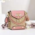 Pink and beige crossbody bag with swan buckle, pearl tassel and plush keychain - Pink