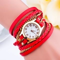 Montre triple tour à lanière rouge tressée avec cadran doré marbré pour femme - Rouge