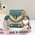 Retro crossbody bag in green and beige monogram with pink strap and plush charm - Green