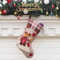 Linen Christmas stocking with 3D reindeer design and red green plaid cuff detail - Elk Style