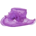 Elegant purple organza wide brim sun hat with mesh flower for weddings and beach parties - One Size / Purple