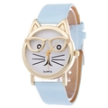Cute cat-face quartz watch with golden case and light blue strap for women - Light Blue