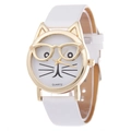 Cartoon cat face fashion watch with golden glasses and a white faux leather strap - White