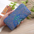 Blue ethnic embroidered long wallet with peacock pattern and gold zipper for women - Blue