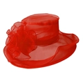 Elegant red organza mesh sun hat with floral decoration for weddings and tea parties - One Size / Red