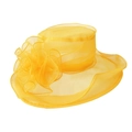 Detail of elegant yellow organza sun hat featuring a large decorative floral applique - One Size / Yellow