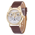Cute cartoon cat face watch with gold case and brown leather strap for fashion women - Coffee
