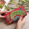 Red ethnic embroidered peacock pattern long wallet zipper design for women cards bag. - Red