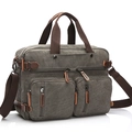 Olive green canvas convertible laptop briefcase bag with leather accents and strap - Large / Gray