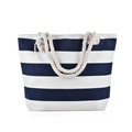 Close-up of the blue and white striped canvas fabric with a durable beige rope handle - Type A - Blue Stripe