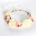 Bohemian floral headband with pink and beige faux roses and adjustable white ribbon - Khaki