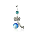 Detail of silver belly ring featuring starfish, shell, mermaid tail and blue scales charms - Light Blue/Blue