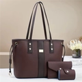 Brown litchi grain 3-piece tote bag set with wallet and card holder for women - Coffee
