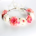 Bohemian floral headband with pink and white roses and adjustable white ribbon ties - Watermelon red