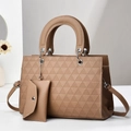 Detail of khaki tote bag with geometric triangle texture and matching small pouch charm - Khaki