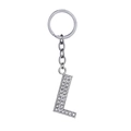 Letter L keychain with silver alloy finish and sparkling rhinestones on white background - Letter L