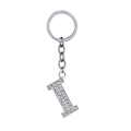 Silver letter I keychain with sparkling white rhinestones on a clean white background - Letter I