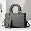 Grey geometric embossed tote bag with detachable crossbody strap and small pouch - Gray