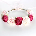 Bohemian floral headband featuring wine red and white roses with pink ribbon tie - Rose Red