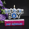 Birthday BOY letter candle in white with blue outline for party cake decoration - Birthday Boy Candle