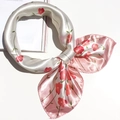 Pink and white floral print silk neck scarf with delicate red blossoms and green leaves - 5016 Pink White Floral