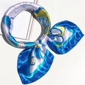 Elegant floral square silk scarf in royal blue and white tied in a stylish bow knot - 5100 Blue White Abstract Floral