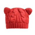 Cute red knitted beanie for women featuring 3D cat ears and stylish cable knit texture - One Size / Red