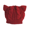Women's red cable-knit cat ear beanie hat with a vintage thick textured finish - One Size / Burgundy