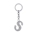 Silver alloy letter S keychain with sparkling white rhinestones on a white background - Letter S